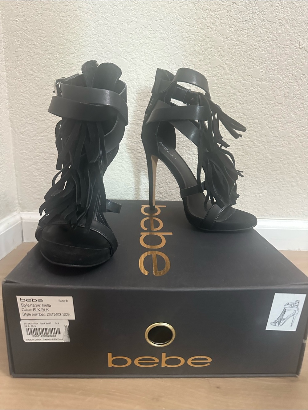 bebe - Isella - Black Fringe Strappy Stiletto Sandals size 8 - Picture 1 of 6